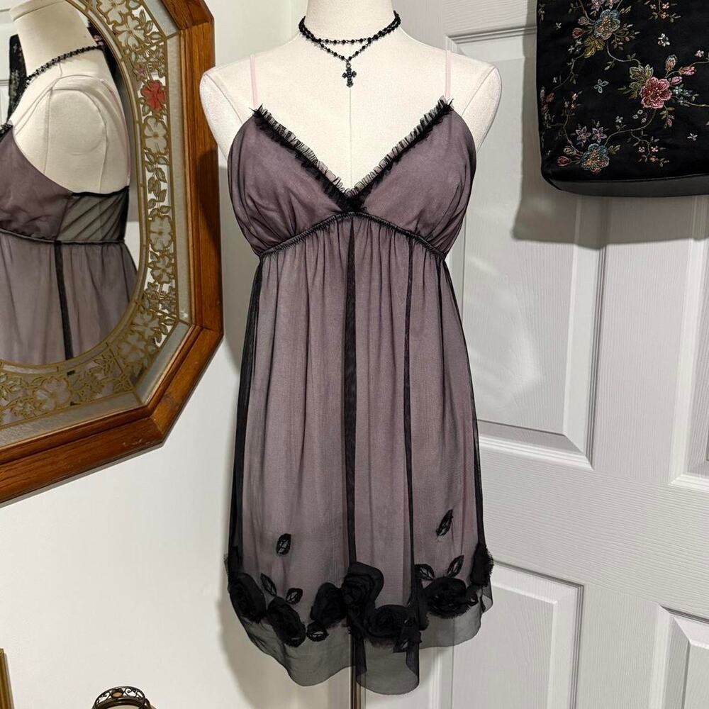 VTG Y2K Ivy & Annabelle Black Sheer Mesh & Pink Lined Rosettet Ruffle Slip Dress